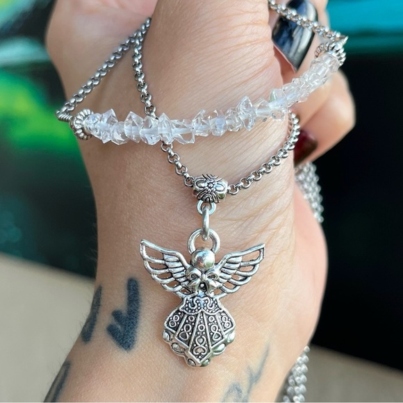 Genuine herkimer diamonds crystal double layer stainless steel angel necklace - Picture 3 of 13